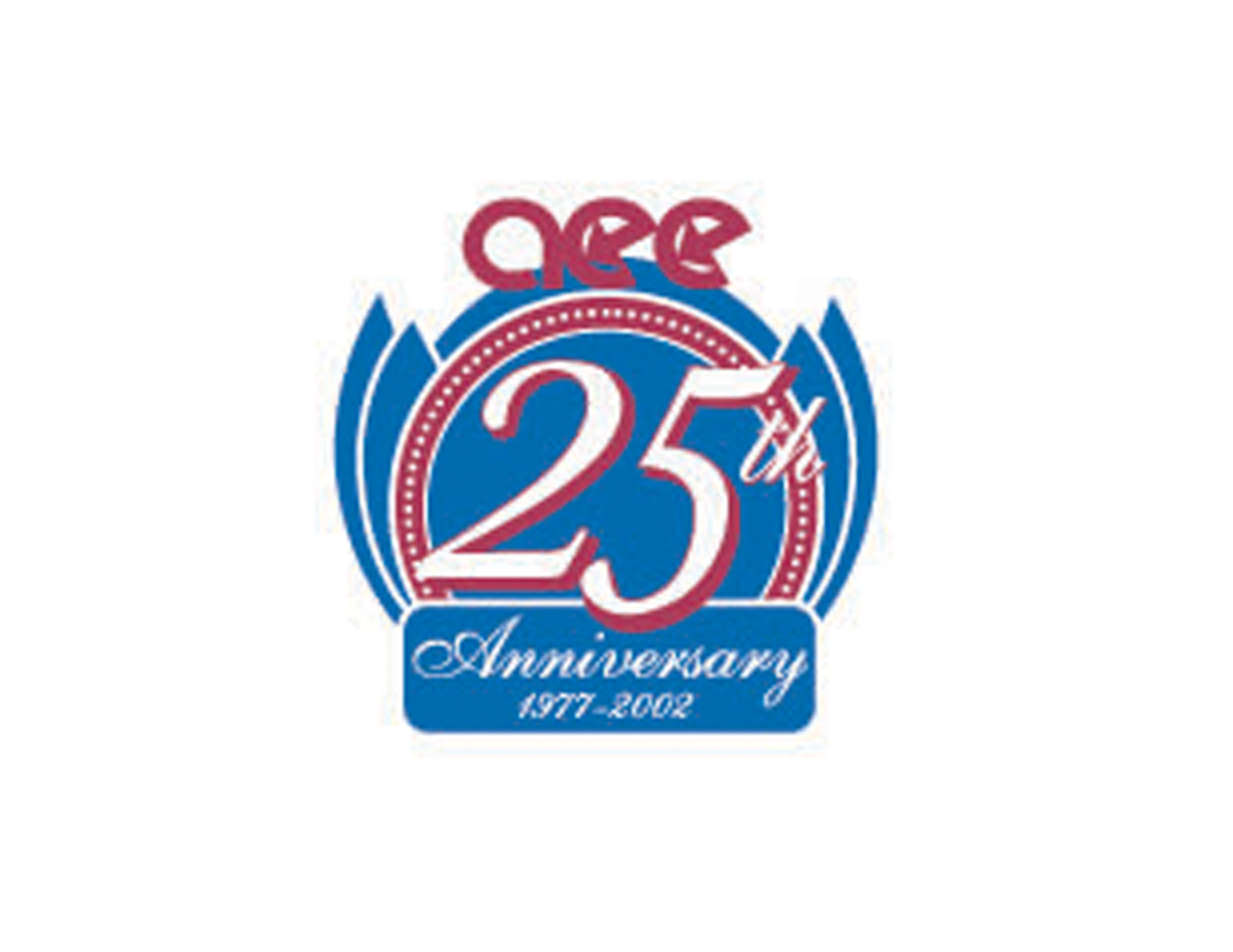 25周年(nián)LOGO設計(jì)（1977-2002）彩用(yòng)藍(lán)紅(hóng)色相(xiàng)間(jiān)的(de)配色方案